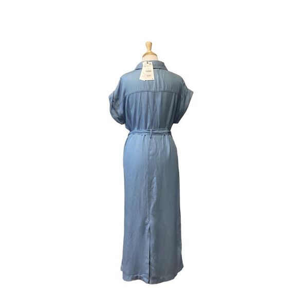 New Zara soft denim Shirt Midi Maxi belted Dress size Medium linen blend - Picture 3 of 13
